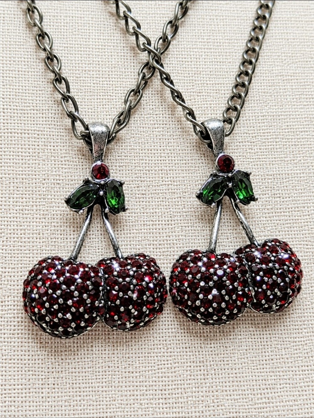 Two Swarovski Red & Emerald Crystals Cherry Cherries Rock-A-Billy Necklaces NEW